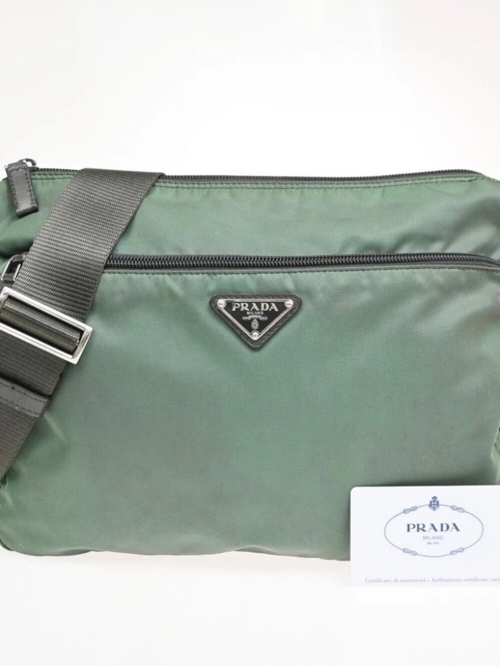 PRADA MILANO Logo Crossbody Shoulder Bag Nylon Leather Khaki Brown Italy 02CB147